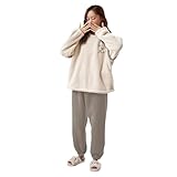 [Mskikefly] レディース ルームウェア もこもこ あったか パジャマ 丸洗い 女性用 ギフト ふわふわな肌触り 防寒 保温 秋 冬 軽量 クリスマス プレゼント お揃い ペア 上下セット 可愛い 部屋着 (XL, 女性用ベージュ)