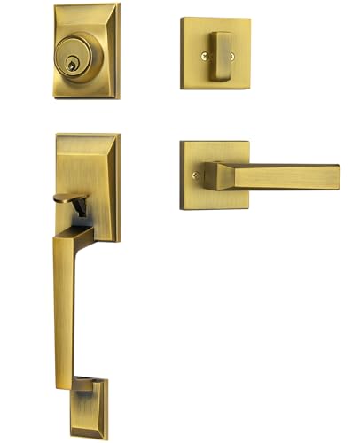 Calzibeno Modern Front Door Lock Set, Zinc Alloy Antique Brass Front Door Handle Set with Deadbolt, Exterior Entry Door Lockset, Elegant Trapezoid Design Handleset, Fits 35-45mm Thickness
