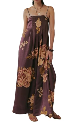 Image of Women Floral Maxi Dress Spaghetti Straps V Neck Lace Patchwork Flowy Tiered Boho Beach Sundress Long Dresses
