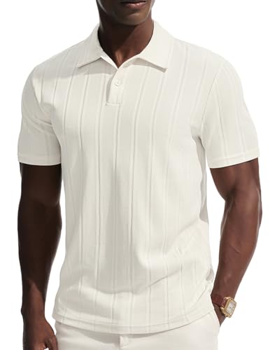 PJ PAUL JONES Mens Casual Shirts Textured Knit Polo Shirt Short Sleeve Cool Summer Shirts for Daily Wear White