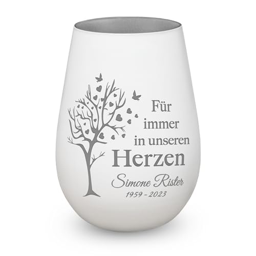 Trauerlicht Gedenklicht Andenken Windlicht Trauergeschenk Tod Erinnerung Teelichtglas Grablicht Kistallglas weiß Lebensbaum mit Gravur Name und Datum