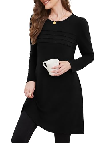 Image of OFEEFAN Womens Long Sleeve Tunic Dress Fall Fashion Sweater Dress with Pockets Pleated Front Casual Winter