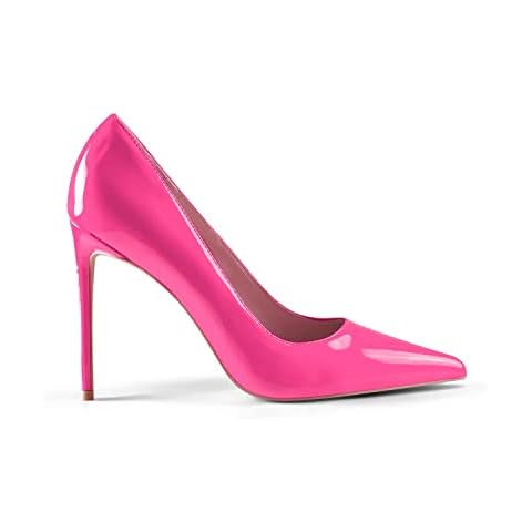 GENSHUO Womens Stiletto Court Shoes 10CM Sexy Slip On Pointed Toe Patent High Heels for Party Prom Wedding Stiletto Heels Neon Pink Size 6.5 UK Cover