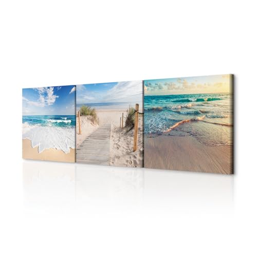 decomonkey Cuadro Lienzo Set Mar Playa 180x60 cm 3 piezas Impresión Decoración Cuadro De Pared Material Tejido no Tejido Gráfica Foto Salon Naturaleza Paisaje