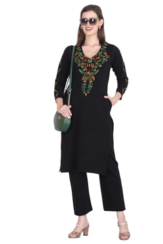 Image of Rosary Women's Woolen Winter Embroidered Kurta with Palazzo Pant | Warm Ethnic Suit Set - 2 Piece Outfit