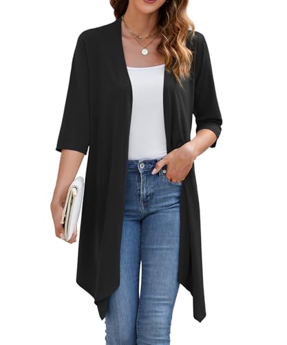 KUOTAI Womens Open Front Cardigan Casual Loose 3/4 Sleeve Lightweight Soft Drape Cardigans Sweaters Duster