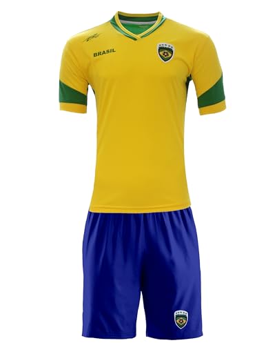 Soccer Uniform Set, Adult Size Jersey and Shorts, Short Sleeve, Polyester, Sublimated Design (Large, Brazil)