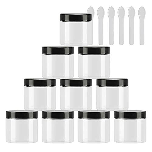 TIANZD 12 Stück Kleine 50 ml Transparent Kunststoff Leere Cremedose Dose mit Schwarz Deckel 50 g Leerdose Schraubdose Blechdosen Kosmetische Behälter Tiegel, 6 Stück Spatel