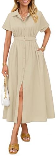 ZESICA Women's Summer Short Sleeve Midi Dress 2026 Button Down A ...