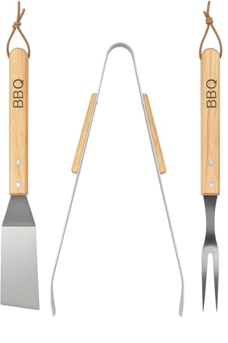 BBQ Grillbesteck Set 3-teilig aus Edelstahl – Grillzange, Wender & Fleischgabel – rostfrei, spülmaschinenfest & ergonomisch – mit Holzgriff & Schlaufe – ideal für Camping & Garten-Grill