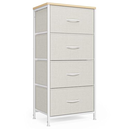Xbro Cajonera de Tela, Cómoda Estrecha con 4 Cajones de Tela, Armario para Armarios, Cómoda con Tapa de Madera y Estructura de Metal para Dormitorio, Salón, Pasillo (Beige)