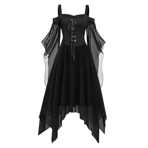 Halloween Kostüm Damen 2025 Gothic Kleider damen, Vintage Hexenkleid Mittelalterliches Kleid halloween Vampir Schulterfreies Trompetenärmel kostüm...
