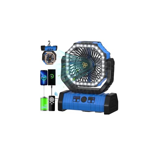 ADUST Camping Fan Battery Operated Powered Fan with LED Lantern Light 20000mAh Rechargeable Portable Oscillating, 360° Rotation Hanging Hook for Tents, Cordless USB Desk Fan(Blue)