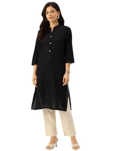 Image of feranoid Women's Plain Cotton Kurta with Mandarin Collar, 3 /4 Sleeves & Pocket
