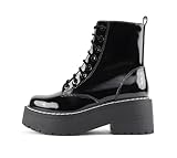 Soda FLING Women Chunky Lug Sole Lace up Fashion Combat Ankle Boot w/Side Zipper (Black Patent, 8.5)