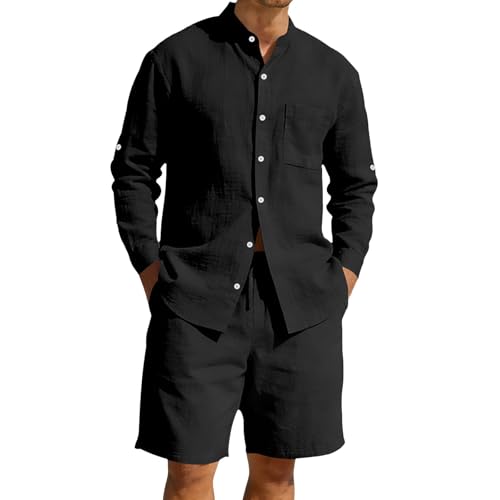 Ensemble lin homme pour la plage avec short à cordon et col Henley