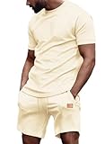 Dokotoo Men Men's Geometric Texture T-Shirts and Shorts Set Summer 2 Piece Outfits Casual Tracksuits Fashion Clothing Set for Men Apricot Medium