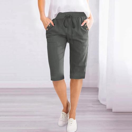 RKSTN Women Half Linen Pants with Pockets Elastic Waist Shorts Summer Beach Capris Solid Straight Wide Leg Knee Length Pant3