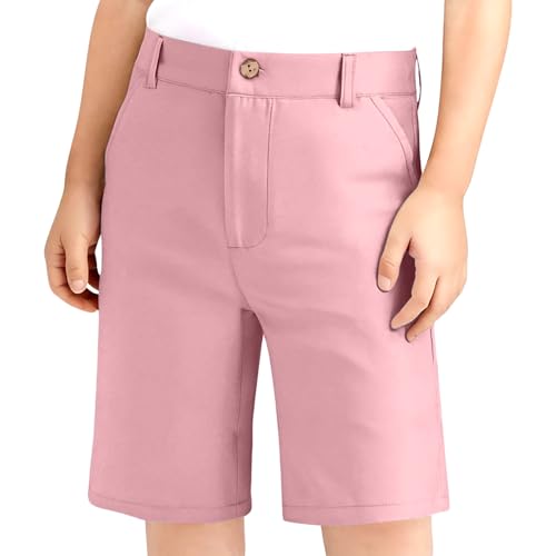 BFYSFBAIG Uniform Shorts for Boys Girls Adjustable Waist Stretch Flat Front Shorts for School Golf with Pockets Zipper Button Closure Chino Short (9-10 Years) Pink