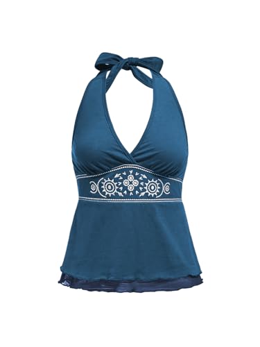 SOLY HUX Women's Y2K Halter Crop Top Floral Deep V Neck Tie Back