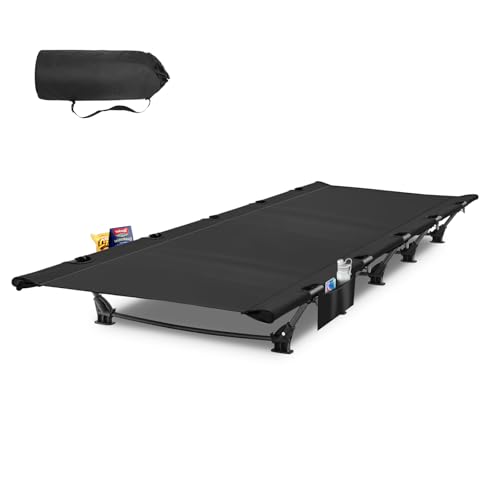 FOCHIER F Camping Cot for Adults with 2 Side Pocket,Portable Folding Camping Bed Supports 330 lbs,Comfort Cot Bed for Camping Lightweight Travel,Hiking,Moutaineering,Sleeping(Black)
