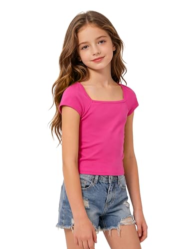 Image of Crop Tops for Girls Short Sleeve Shirt Girls Summer Tops Square Neck Slim Fit Tops Basic Tee