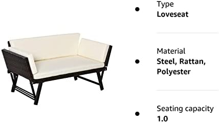 Outsunny 2 in 1 Rattan Folding Daybed Sofa Bench Garden Chaise Lounger Loveseat with Cushion Outdoor Patio Beige