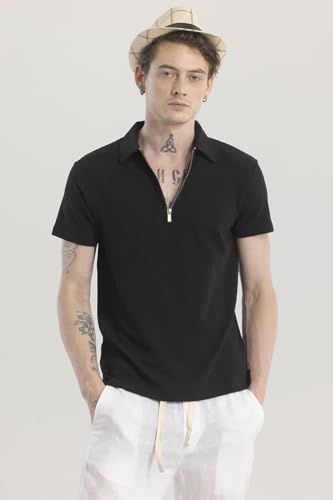 Image of SNITCH Black Textured Polo T-Shirts