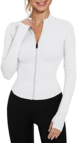 IECCP Sportjacke Damen Langarm Crop Top Yoga Fitness mit Reißverschluss | Figurbetonte Crop-Sportjacke, Yoga und Laufen, Durchgehender Reißverschluss, Daumenlöcher, Leichtes Stretc