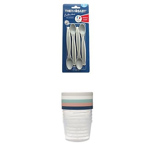 Lot Bébé THERMOBABY : 4 cuillères bébé souples Gris Charme dès 3 mois + 5 boîtes de conservation 250 ml, micro-ondes, congélateur, lave-vaisselle, empilables,...