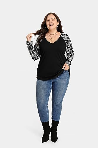 Image of TIYOMI Plus Size Tops for Women Raglan Long Sleeve V Neck T Shirts Casual Color Block Leopard /Floral Tops Winter Tee Shirt