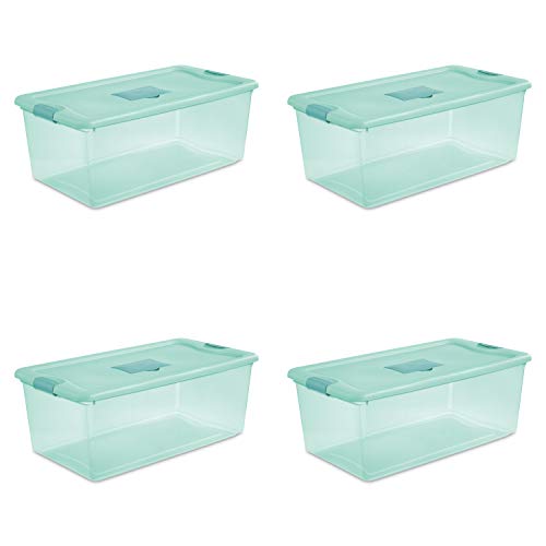 Sterilite 15097Y04 Fresh Scent Box, 106 Quart, Tint Base, Aqua Chrome Lid with Teal Splash Latches, 4-Pack
