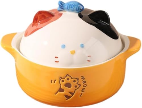 Tuyiutm 猫柄セラミックラーメン丼 蓋付き大容量どんぶり 即席めん/ご飯用 和食器 かわいい 食洗機・電子レンジ対応 キッチン用品 (03)