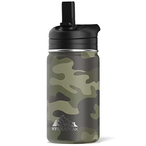 Hydrapeak Mini 14oz Kids Water Bottle with Straw Lid, Stainless Steel Double Wall Insulated Water Bottle for Kids | Leak-Proof and Spill-Proof Kids Water Bottle for School, Cold for 24 Hours (Camo)