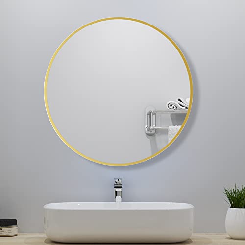 Espejo de pared redondo de 60 cm, marco de metal dorado, espejo colgante vintage decorativo para sala de estar, dormitorio, baño, maquillaje, pasillo, elegante decoración del hogar