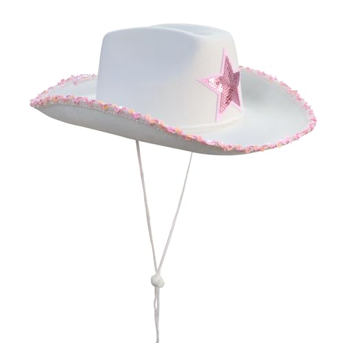 MEMOVAN Cowgirl Hat for Women Girls Western Cowboy Cowgirls Hats Felt Cowboy Hat Retro Wide Brim Western Hat White