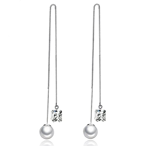 BG&WLing Pearl Sterling Silver Threader Earrings for Women Hypoallergenic White Green Square Rhinestone Crystal Long Tassel Earrings Dangling Fashion Jewelry