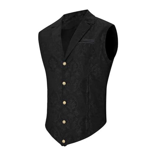 Zando Mens Victorian Black Suit Vest Steampunk Gothic Waistcoat Formal Sleeveless Adjustable Strap Men Vest Vintage Style Medieval Renaissance Cosplay Outfit Wedding Party Black Jacquard Medium