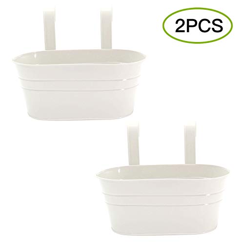 2 Pcs Metal Hanging Flower Plant Pots, Metal Bucket Flower Pots, Fence Bucket, Hanging Flower Pot For Indoor And Outdoor, Storage Bucket In Kitchen Or Bathroom, Detachable Hook(White) #TOP1