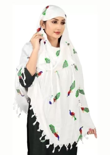 Image of Cotton Long Scarf Cum Mask Scarves Usable for Vehicle Driver | White Printed Design Fabric | Universal Size | Soft & Breathable Sun Protection | For Girl & Women