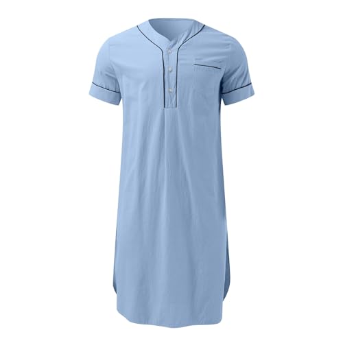 Lu's Chic Men's Short Sleeve Nightshirt Robe Soft Nightgown Cotton Night Shirt Pocket Knee Length Sleepwear2