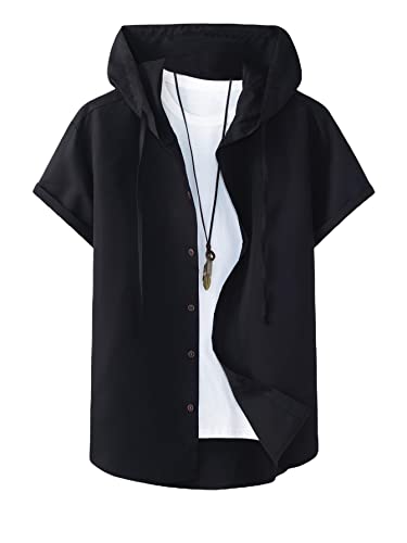 Verdusa Men's Button Up Shirts Short Sleeve Drawstring Hoodie Top Black Large