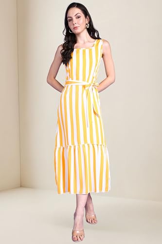 Image of POPWINGS Women Casual Blue & White Stripe Long Belt Dress Dress | Stylish Dress | Trendy Dress