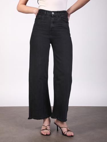 Image of Urbano Fashion Women's Black Regular Fit Wide Leg Washed Jeans