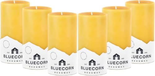Bluecorn Beeswax Pillar Candle, 100% Pure Natural Bees Wax, Hand Poured 3x6 Candles, Clean Burning & Dripless, Long Lasting (90 Hrs), Paraffin, Soy & Fragrance Free, Home Decor, American Made, 6 Count