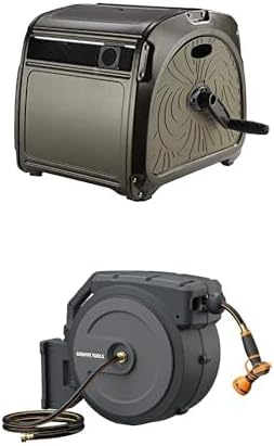 Giraffe Tools SW5 Metal Hose Reel Box, Heavy Duty Garden Hose Storage Reel, 150ft 5/8" Hose Capacity+Bundle of Giraffe Tools AW40 Retractable Garden Hose Reel 5/8 inch x 90 ft Wall Mounted