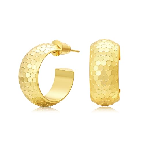 Small Hoop Earrings for Women Wide Half Huggie Hoops Chunky Hoop Earrings 18K Real Gold Plated 925 Sterling Silver Hammered Hypoallergenic Lightweight