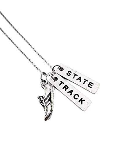 Pewter RUN TRACK STATE Necklace - Pewter Running Shoe Charm, Pewter TRACK Pendant and Pewter STATE Pendant on 18 inch Stainless Steel Cable Chain - Track State Race - All Pewter