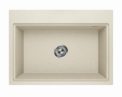Lavello Fregadero de granito color arena – Fregadero profundo empotrable 68 x 49,5 cm – Fregadero rectangular de cocina 1 cuenco, moderno, fácil de limpiar, resistente a los arañazos, reversible
