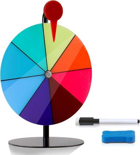 Spinning Wheel for Prizes with Stand 8 Inch 8 Color Slots Erasable Whiteboard Surface Tools and Marker Tabletop Roulette Wheel for Parties and Carnival Games